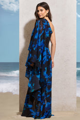 Navy Floral Print Chiffon Oversized Asymmetric Maxi Dress